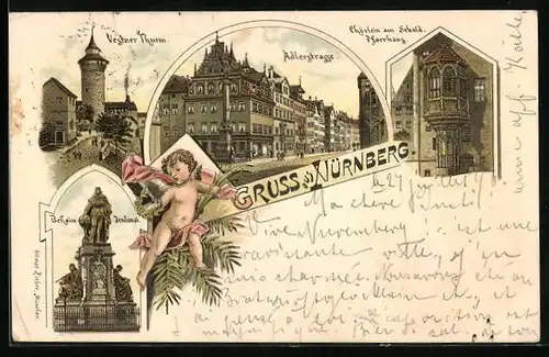 Lithographie Nürnberg, Adlerstrasse, Chörlein am Sebald Pfarrhaus