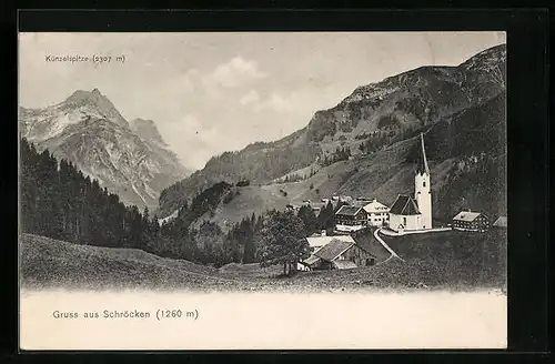 AK Schröcken, Ortspartie mit Kirche und Künzelspitze