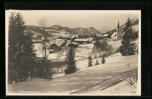 AK Sibratsgfäll im Bregrenzer Wald, Ortspartie mit Kirche im Schnee