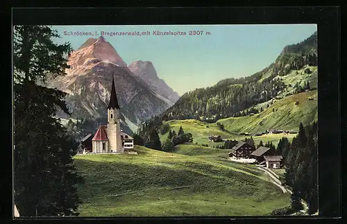 AK Schröcken i. Bregenzerwald, Ortspartie mit Kirche und Künzelspitze