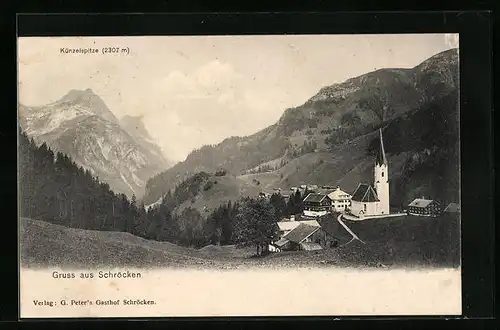 AK Schröcken, Ortspartie mit Kirche und Künzelspitze