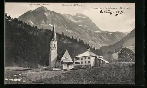 AK Schröcken, Ortspartie mit Kirche, Juppenspitze und Mohnenfluh