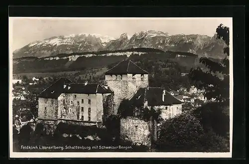 AK Feldkirch, Schattenburg mit Schweizer Bergen