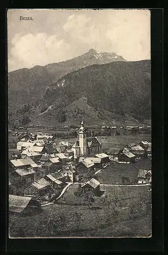 AK Bezau, Teilansicht mit Bergen aus der Vogelschau