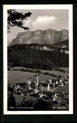 AK Bezau, Gesamtansicht von oben mit Bergpanorama