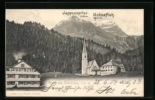AK Schröcken, Ortsansicht mit Kirche und Juppenspitze
