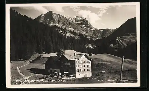 AK Schröcken, Gasthaus Mohnenfluh mit Bergpanorama