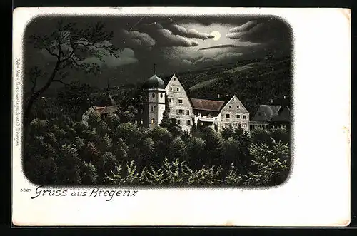 Mondschein-Lithographie Bregenz, Ortsansicht bei Nacht