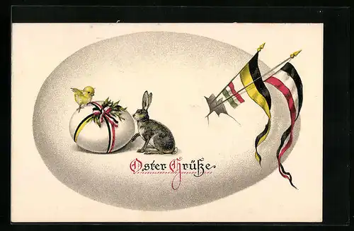Künstler-AK Osterhase mit Ei und kleinem Küken, Fahnen des Zweibunds - Ostergruss