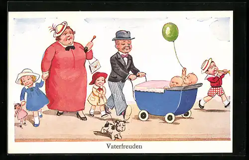 Künstler-AK Vaterfreuden - Schmächtiger Mann und korpulente Frau, Karikatur