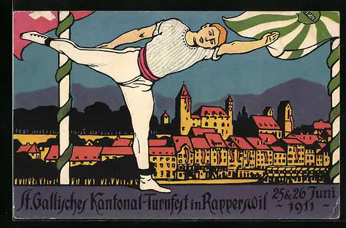 Künstler-AK Rapperswil, St. Gallisches Kantonal-Turnfest 1911 - Turner vor Panorama der Stadt