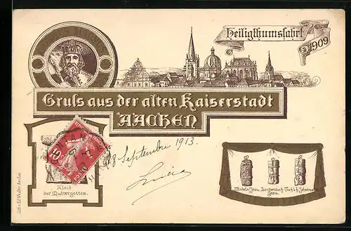 Lithographie Aachen, Heiligthumsfahrt 1909, Panorama der Stadt, Portrait Karls des Grossen, Devotionalien