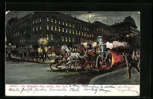 Künstler-AK New York, The Midnight Fire Alarm - Brennende Kutsche in nächtlicher Strasse