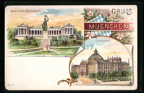 Lithographie München, Bavaria mit Ruhmeshalle, Justizpalast