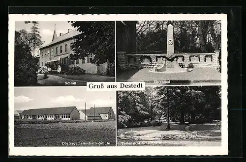AK Destedt, Schloss, Ehrenmal, Dörfergemeinschafts-Schule, Teilansicht im Schlosspark