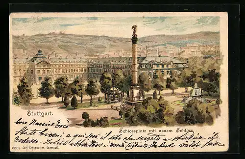 Lithographie Stuttgart, Schlossplatz mit neuem Schloss