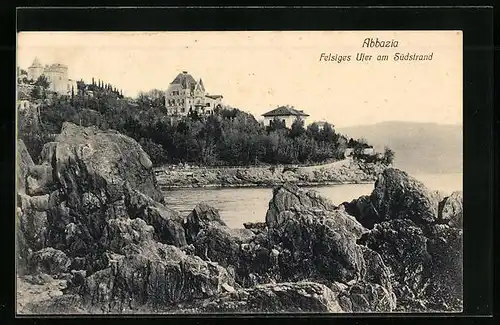 AK Abbazia, Felsiges Ufer am Südstrand