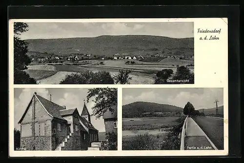 AK Friedensdorf a. d. Lahn, Gesamtansicht, Partie an der Lahn, Kirche