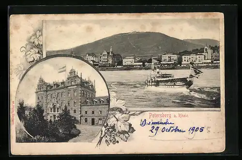 AK Königswinter a. Rhein, Hotel auf dem Petersberg, Uferpartie mit Dampfer