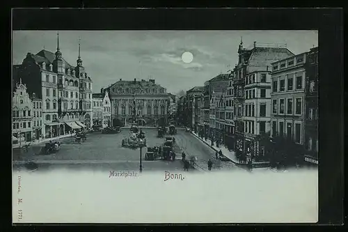 Mondschein-AK Bonn, Marktplatz mit Geschäften