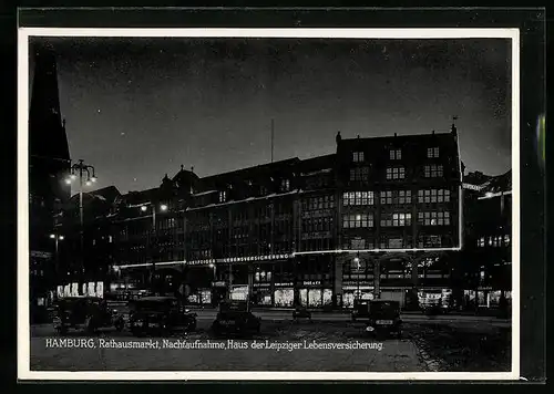 AK Hamburg, Rathausmarkt, Haus der Leipziger Lebensversicherung, Nachtaufnahme
