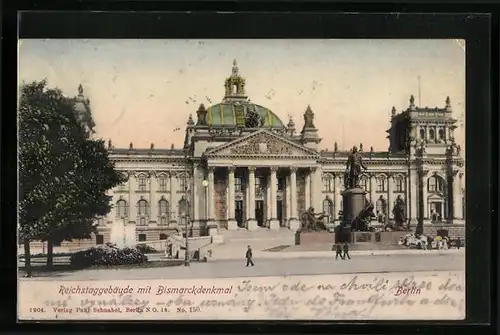 AK Berlin, Reichstaggebäude mit Bismarckdenkmal