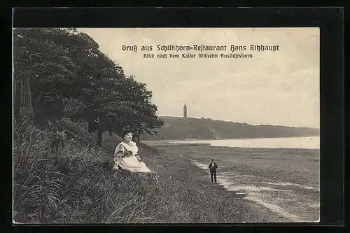 AK Berlin-Grunewald, Schildhorn-Restaurant Hans Ritzhaupt, Blick zum Kaiser Wilhelm Turm