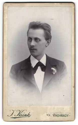 Fotografie J. Krink, Prag, Kr. Vinohrady Palackeho TR. C.25, ein junger Herr im Anzug mit Ansteckblume