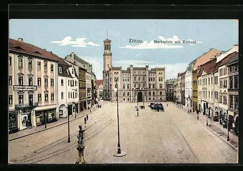 AK Zittau, Marktplatz mit Rathaus