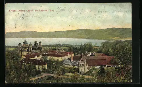 AK Maria Laach, Kloster mit Laacher See aus der Vogelschau