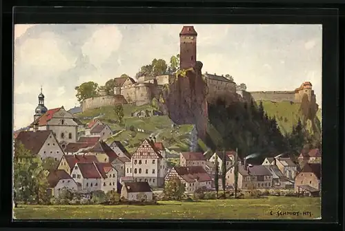 Künstler-AK Neuhaus / Pegnitz, Teilansicht mit Burg Veldenstein