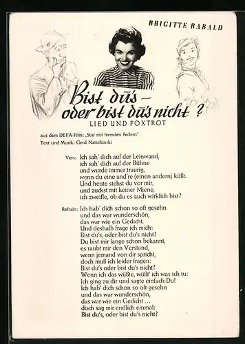AK Schauspielerin Brigitte Rabald mit einem Textlied