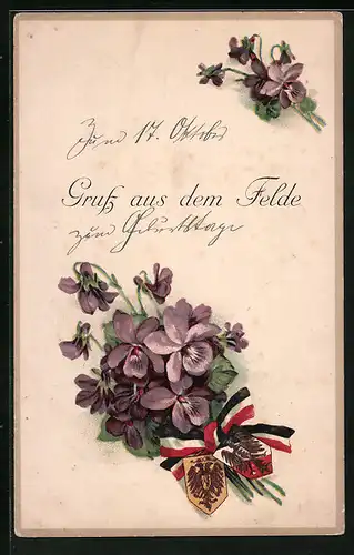 Künstler-AK Blumen mit Wappen und Schleife in deutschen Farben - Gruss aus dem Felde