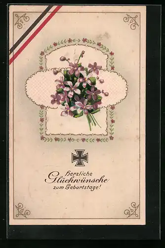 Künstler-AK Blumenstrauss mit Ornamenten und Eisernes Kreuz - Geburtstagsgruss