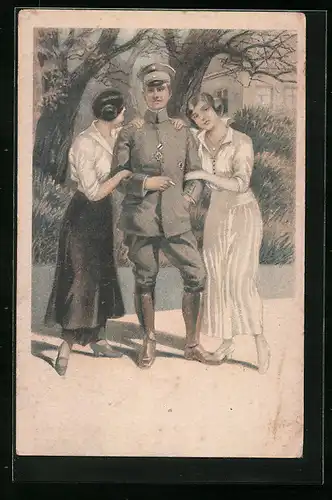 Künstler-AK Stolzer Soldat mit zwei jungen Damen und Eisernem Kreuz