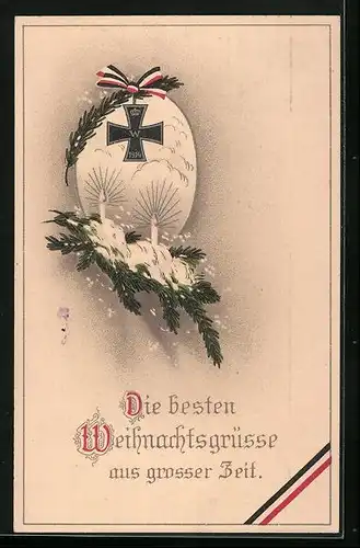 Künstler-AK Schneebedeckte Tannenzweige mit Kerzen, Eisernes Kreuz mit Schleife - Weihnachtsgruss