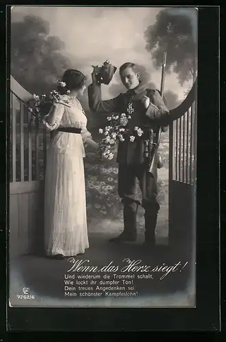 Künstler-AK Soldat mit Eisernem Kreuz begrüsst seine Braut