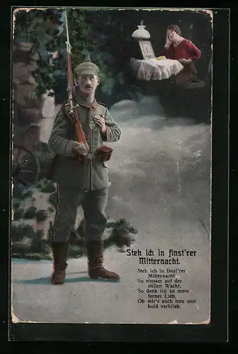 Künstler-AK Soldat mit Eisernem Kreuz auf Wache, Sehnsüchtige Braut zu Hause