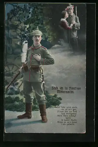 Künstler-AK Soldat mit Eisernem Kreuz auf Wache, Wiedersehen mit der Braut