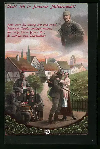 Künstler-AK Soldatengruppe, Heimkehr eines Soldaten, Eisernes Kreuz