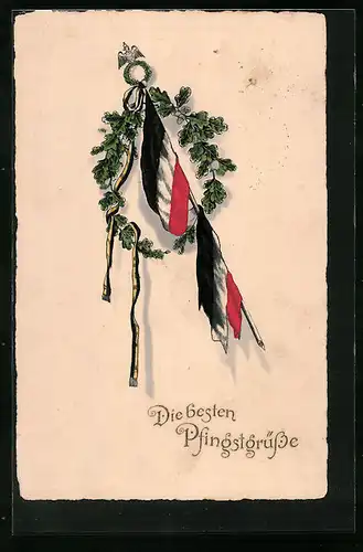 Präge-AK Fahne mit Kranz, Pfingstgruss