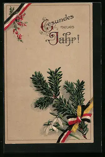 AK Tannenzweig mit Fahnenzweig und Krokussen, Neujahrsgruss