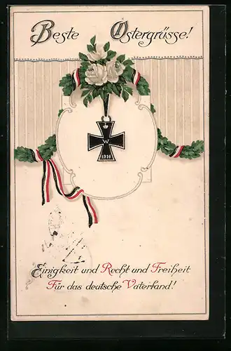 Präge-AK Einigkeit und Recht und Freiheit..., Eisernes Kreuz mit Blumen, Ostergruss
