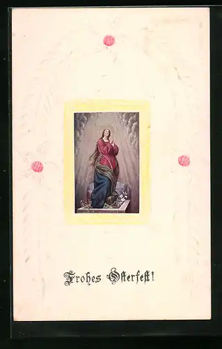 Papierkunst-AK Betende Maria, Blumen, Ostergruss
