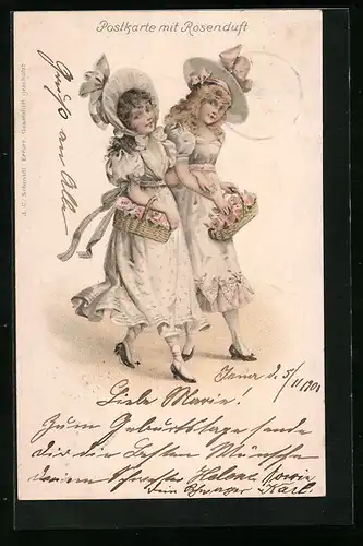Duft-AK Zwei junge Damen mit Blumenkörben mit Rosenduft