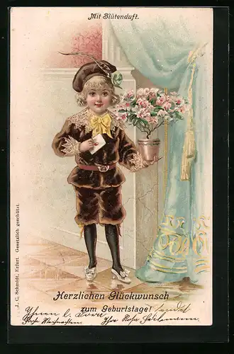 Duft-AK Junge mit Blumentopf und Kuvert, Geburtstagsgruss