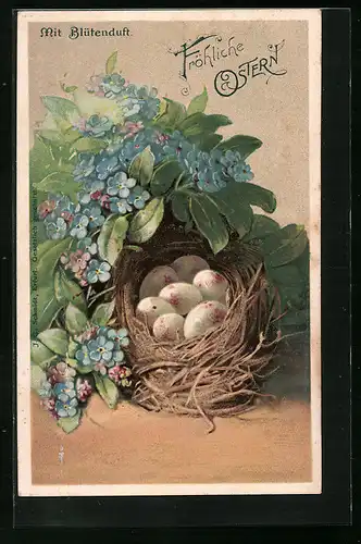Duft-AK Eier im Nest mit Blumen, Ostergruss