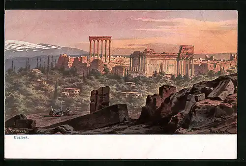 Künstler-AK Friedrich Perlberg: Baalbek, Tempelanlagen aus der Ferne