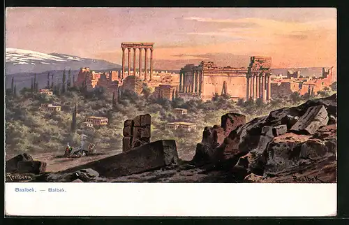 Künstler-AK Friedrich Perlberg: Baalbek, Tempelanlagen aus der Ferne