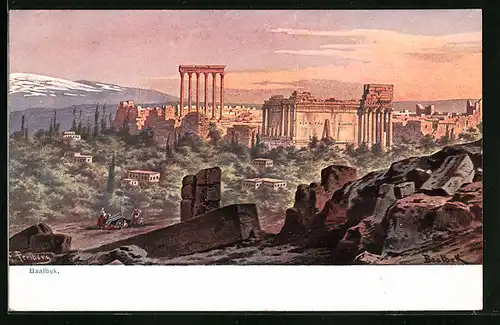 Künstler-AK Friedrich Perlberg: Baalbek, Tempelanlagen aus der Ferne